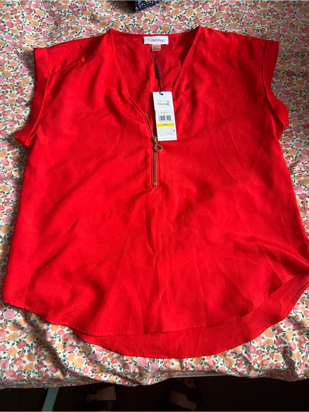 Calvin Klein Bright Orange Zip-Front Cap Sleeve Blouse